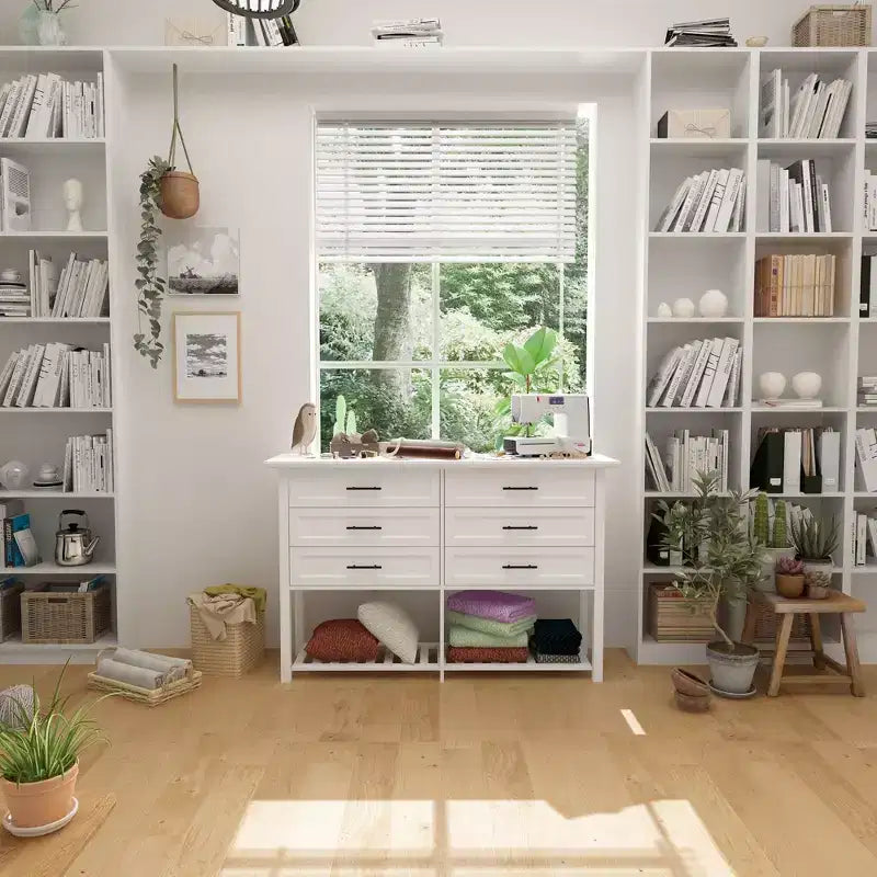 6 Drawer Horizontal Dresser Bottom with Shelf Living Room Storage Cabinet White