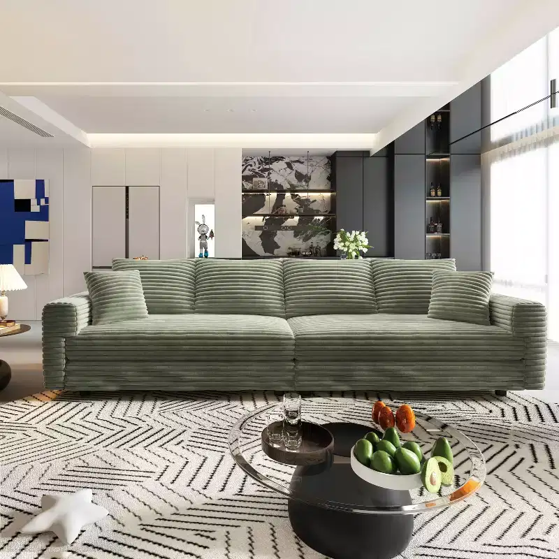 102.4 Plush Corduroy 4-Seat Convertible Sofa with Ottomans - Green