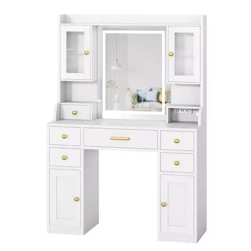 White Vanity Desk with Charging Station and LED Mirror, Large White and Gold Makeup Dressing Table, 3 Light Modes, 6 Drawers, Cabinet and Shelves
