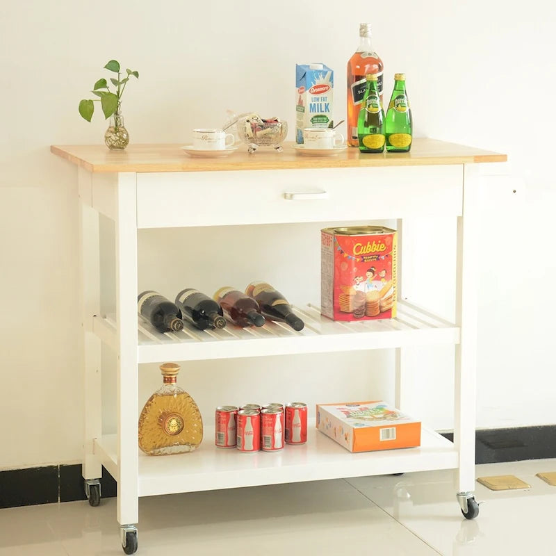 Rolling Kitchen Cart with Natural Wood Top 2 Open Shelves and Towel Rack