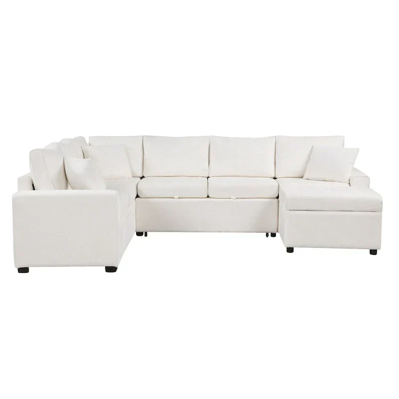 Chenille Sectional Sofa Pull-out Sofa Bed, L-Shape Sleeper Sofa with Storage Ottoman, 3 Pillows and Charging Devices