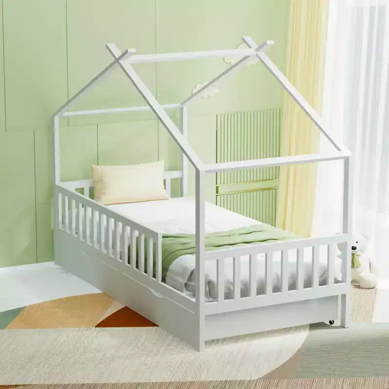 MAYEERTY White Full Kids House Bed Frame with Storage Drawers, Montessori Tent Bed with Rails Roof