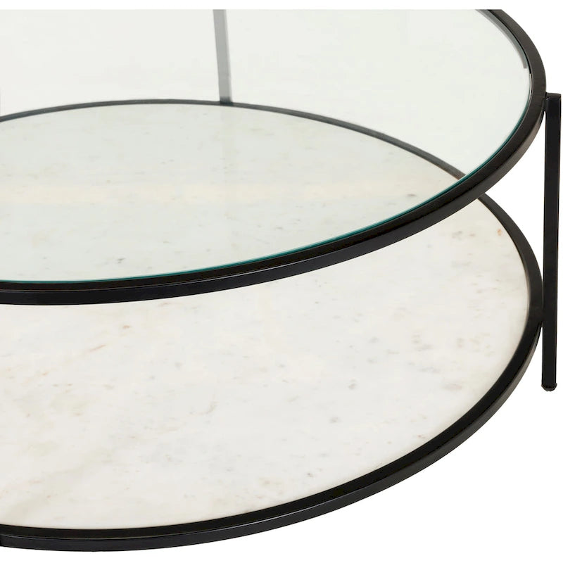 Glass Round Coffee Table 14H x 36W x 36D Two-Tier Metal Frame