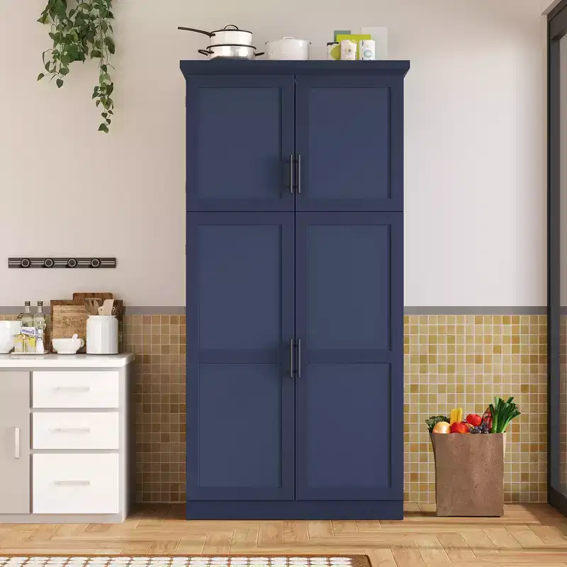 Whisen 35.5 Freestanding Kitchen Pantry Cabinet with 4 Doors and Pull-out Trays