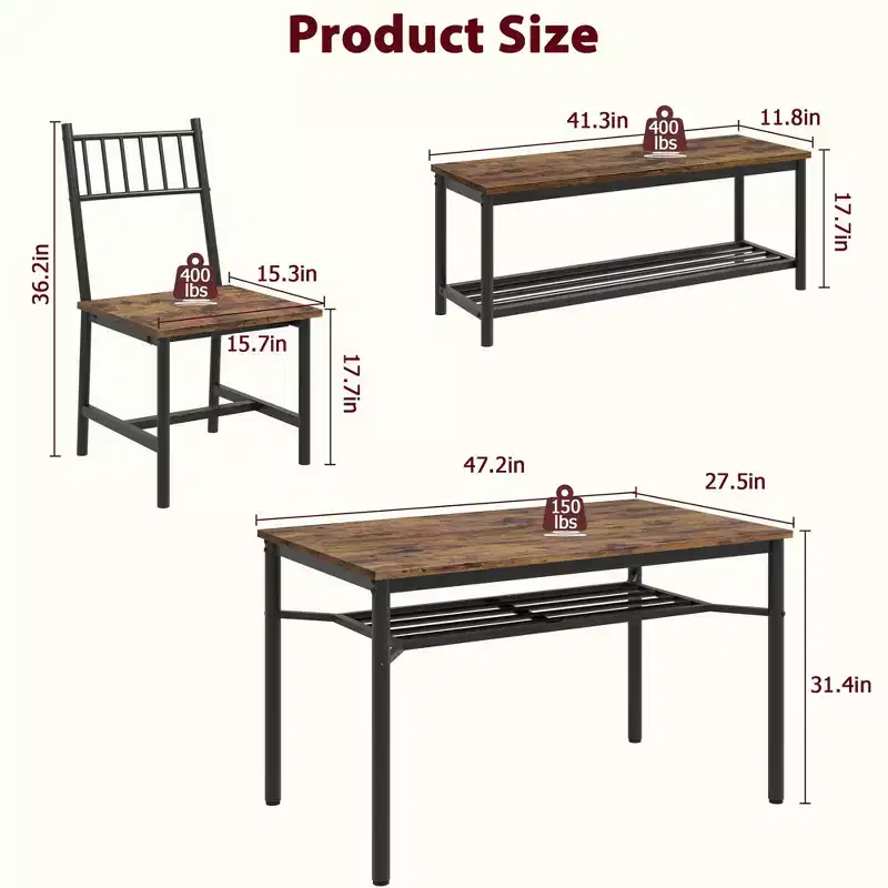 Dining Table Set for 4 with Bench and 2 Chairs, Rectangular Kitchen Table Set with Wine Rack, Dining Room Table Set for 4
