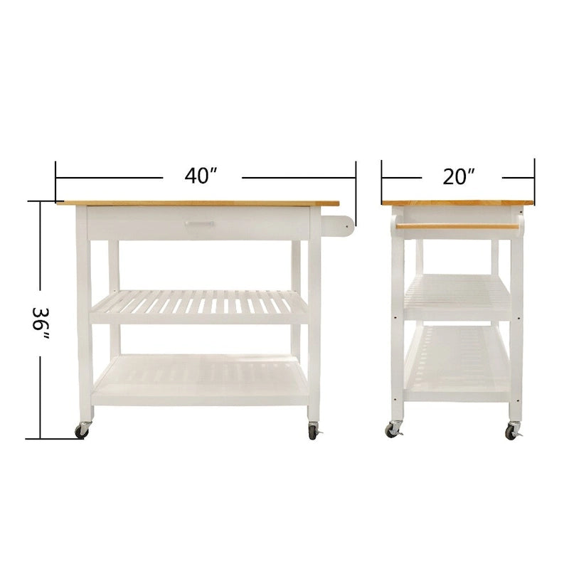 Rolling Kitchen Cart with Natural Wood Top 2 Open Shelves and Towel Rack