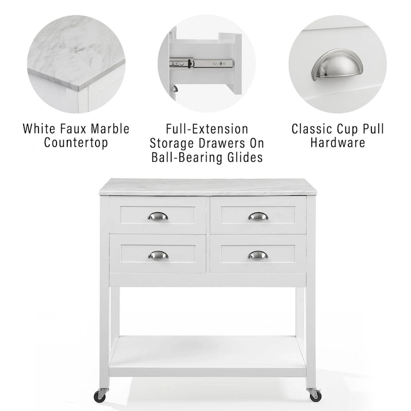 Modern Farmhouse Kitchen Island Cart with 4 Drawers Faux Marble Top and Casters