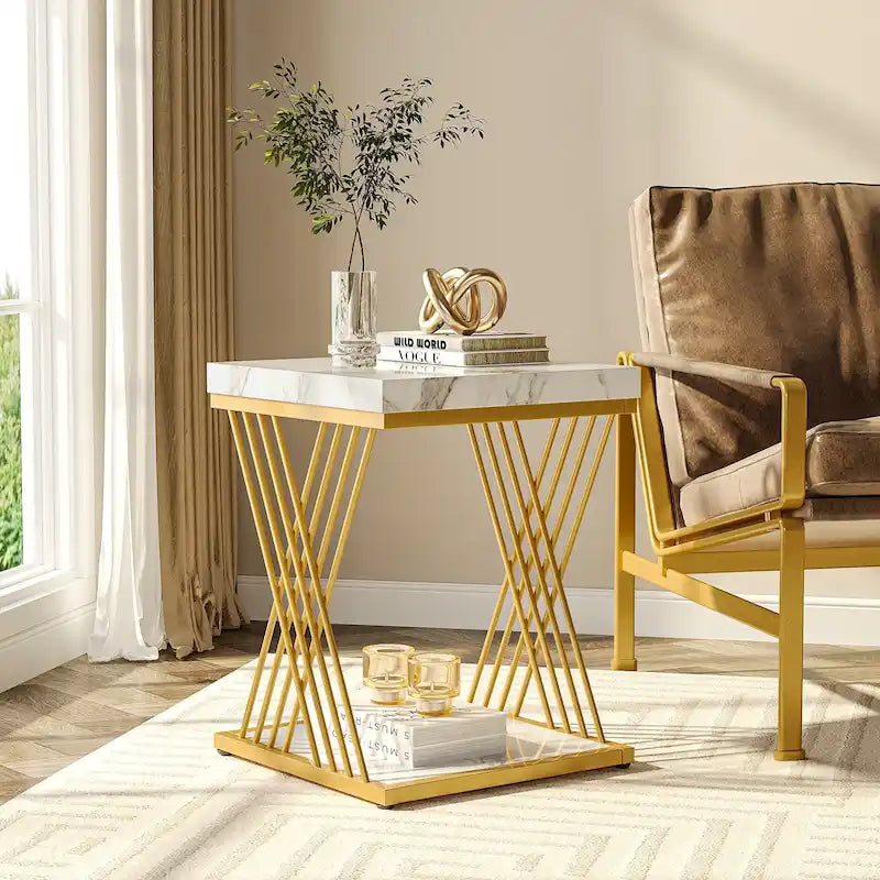 Modern White Gold Square Side End Table with Storage Shelf