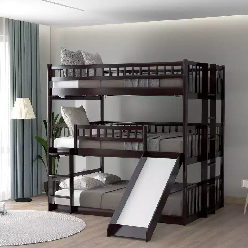 Full over Full over Full Triple Bunk Bed with Ladders and Slide, Espresso