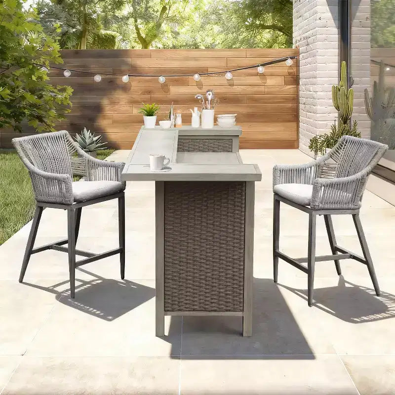 GDFStudio Viviane Farmhouse Patio 3 Piece Wicker Aluminum Bar Table Cabinet with Counter Height Stools