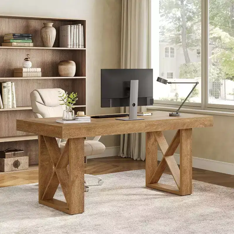 Lantine 63-Inch Computer Desk, Simple Thick Appearance, Study Gaming Writing Workstation Executive Office Desk for Home, Study Room, Brown
