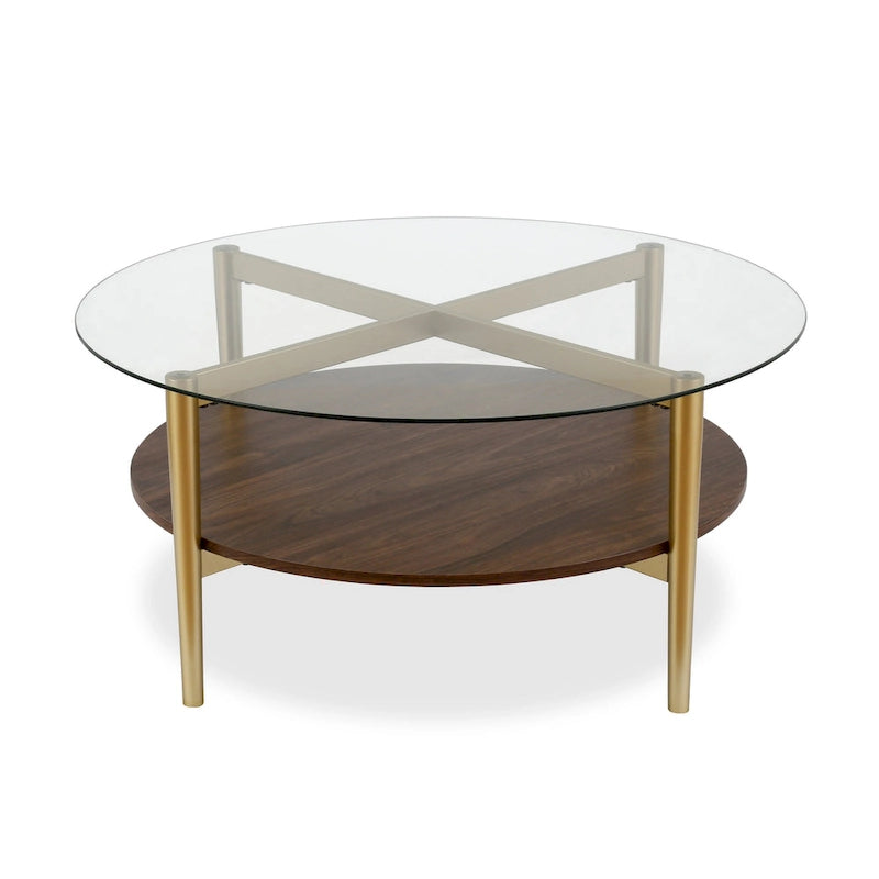Round Mid-Century Modern Coffee Table with Tempered Glass Top