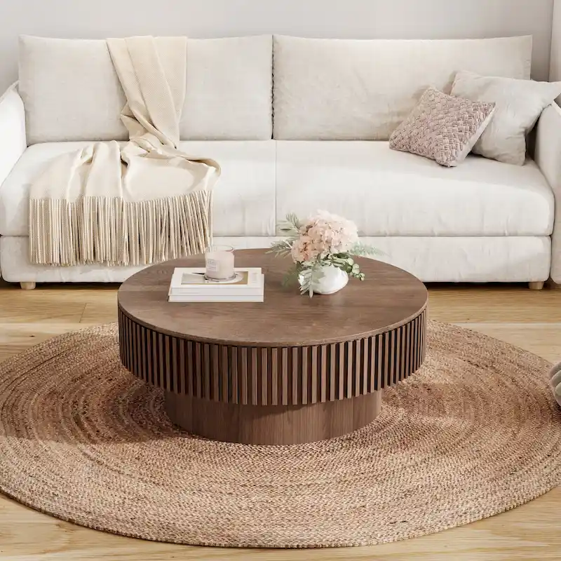 Modern Solid Wood Veneered Round Coffee Tea Table with Storage