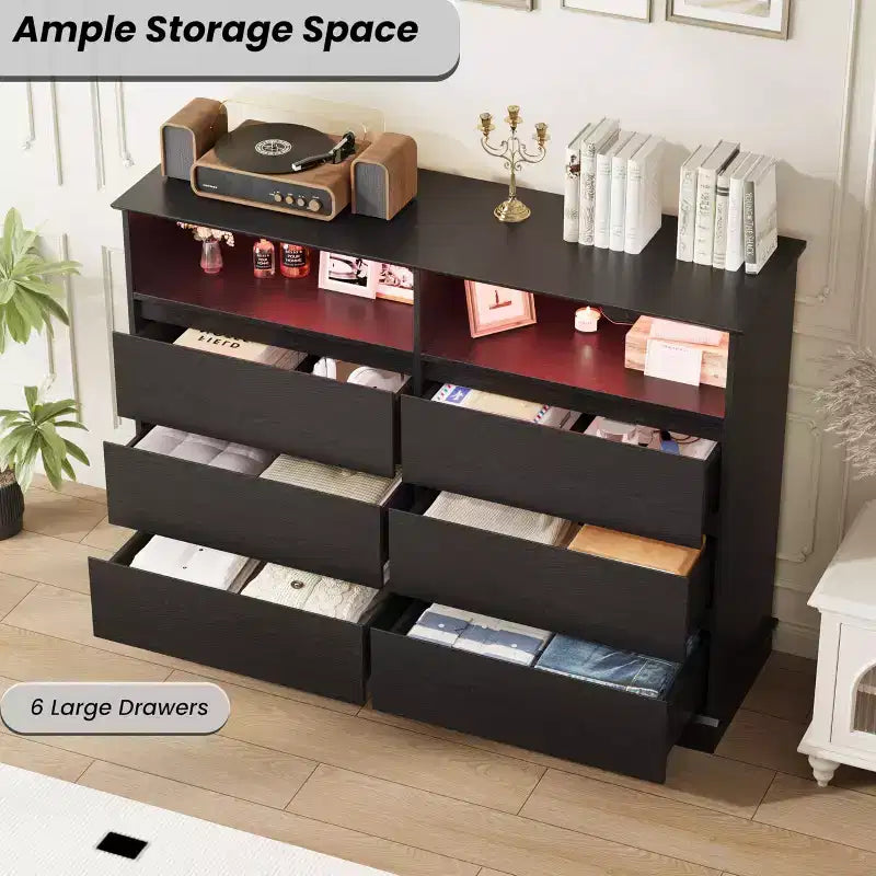 Dresser for Bedroom, 6 Drawer Dresser, Wide Chest of 6 Drawers with Open Space, Modern Large Capacity Storage Cabinet, Living Room, Hallway