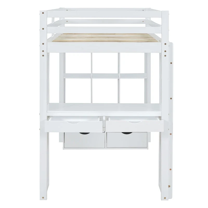 Loft Bed with Large Shelves, Writing Desk and LED Light