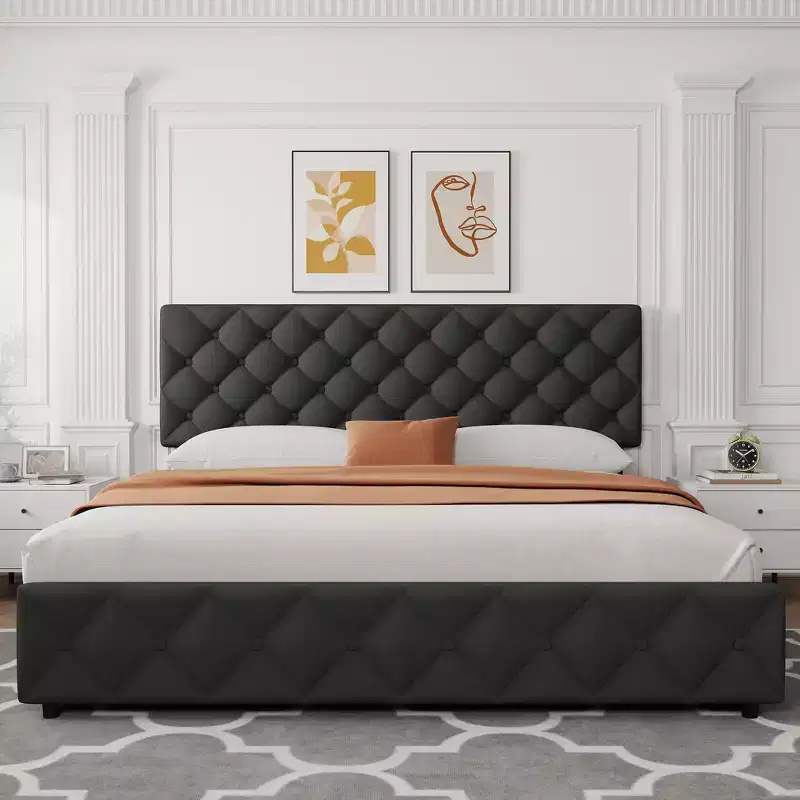 King Size Platform Bed Frame with Adjustable Headboard and 4 Storage Drawers