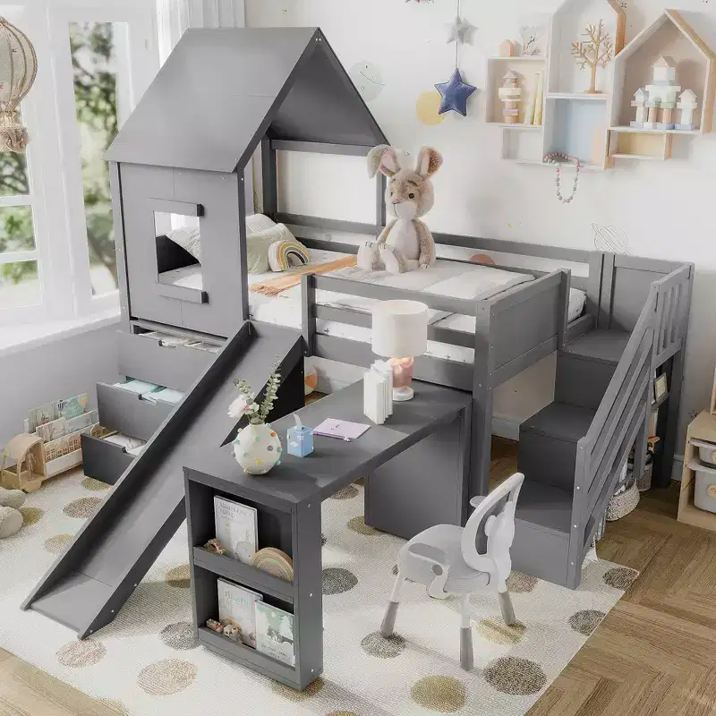 Twin Size Loft Bed with 3 Drawers & Storage Stair, Wooden House-style Bed Frame with Slide and Removable Desk