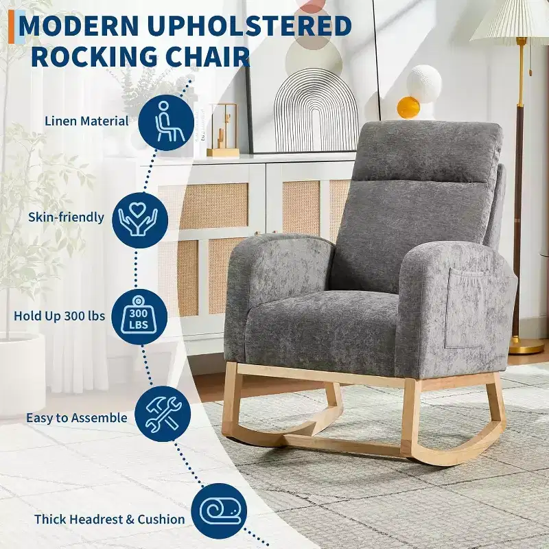 Rocking Glider Chair Modern Upholstered, Wingback Accent Rocker Chair Upholstered Tall Back Arm Chair
