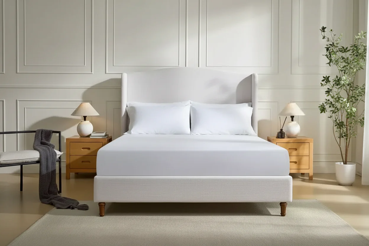 Queen Size Upholstered Wingback Platform Bed – Premium Chenille, Minimalist Design, Cream