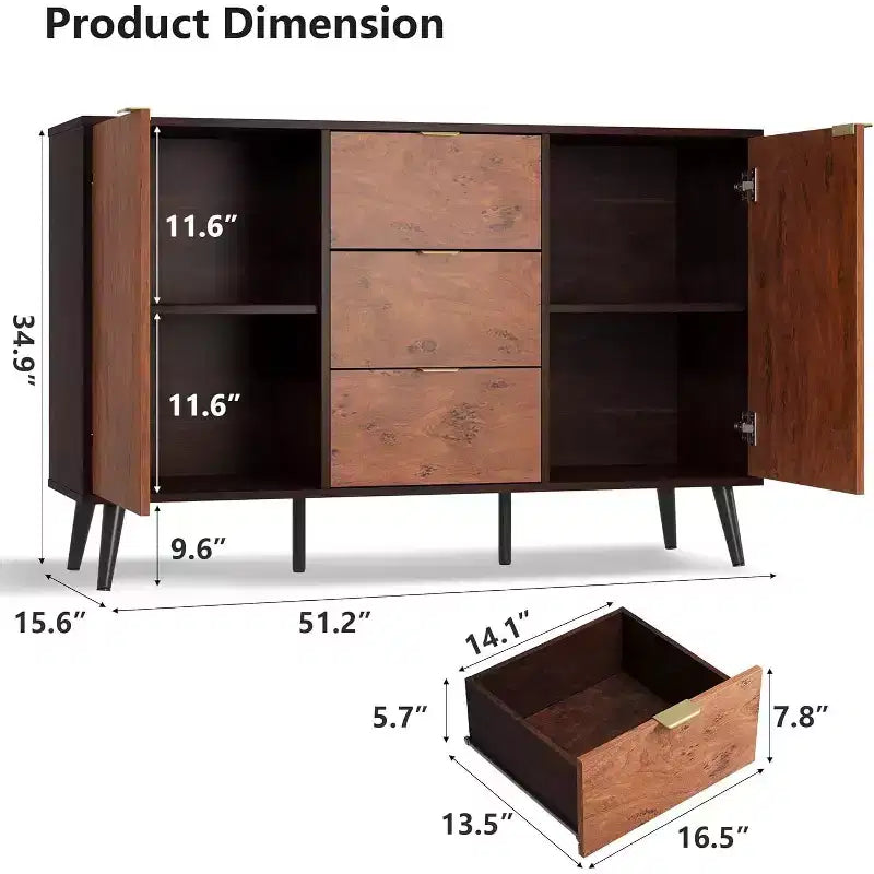 51.2 Walnut Buffet Cabinet with 3 Drawers, Large Sideboard Storage Credenza with Doors and Shelves, Metal Handles, Robot Vacuum Friendly