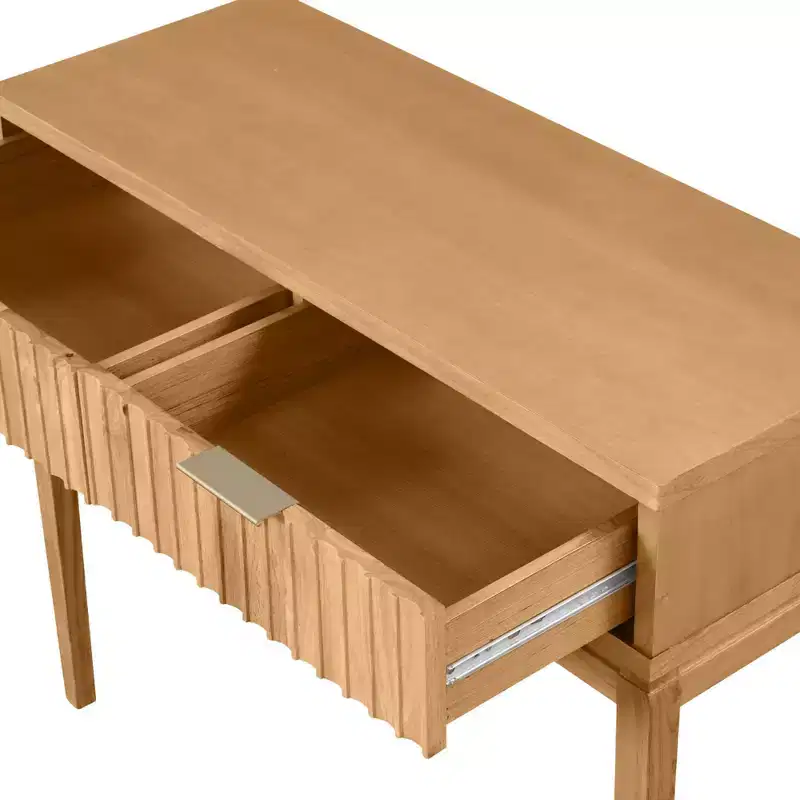 Nathan James Boho Wood Fluted 2 Drawers Console Table: Tapered Legs, Brass Handles, Mid-Century Modern