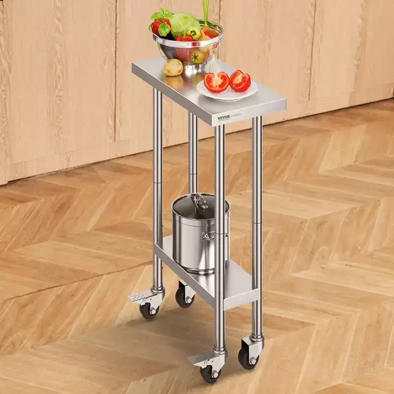 Silver Stainless Steel Work Table with Wheels, 2-Shelf, Single User