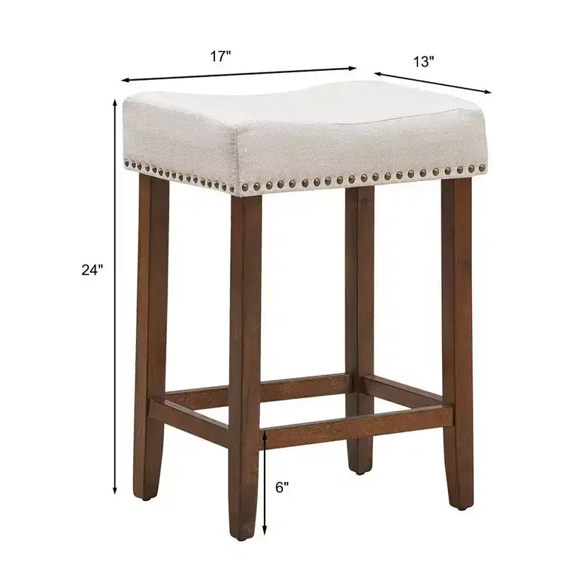 Set of 2 Nailhead Saddle Bar Stools 24 with Fabric Seat & Wood Legs, Beige/Gray