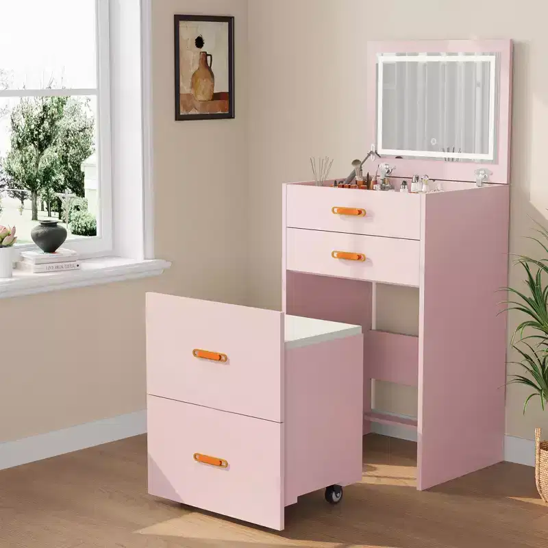 Small Makeup Vanity Desk with LED Mirror, Rolling Storage Chair, Compact 3-in-1 Vanity Table for Bedroom