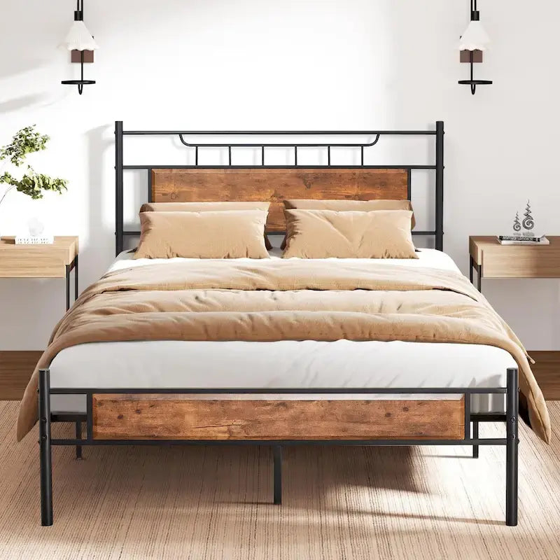 Industrial Bed Frame with Wood Headboard, Twin/Full/Queen Size, Black/Brown/Slate - 3 colors