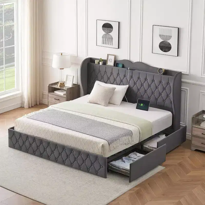 Acekool Velvet Upholstered Bed Frame with 4 Storage Drawers & Charging Station, Diamond Button-Tufted Design