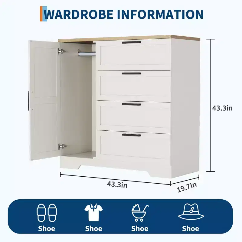 Wooden wardrobe with 4 drawers and doors, bedroom closet, clothing storage, includes hanging rod, suitable for bedrooms