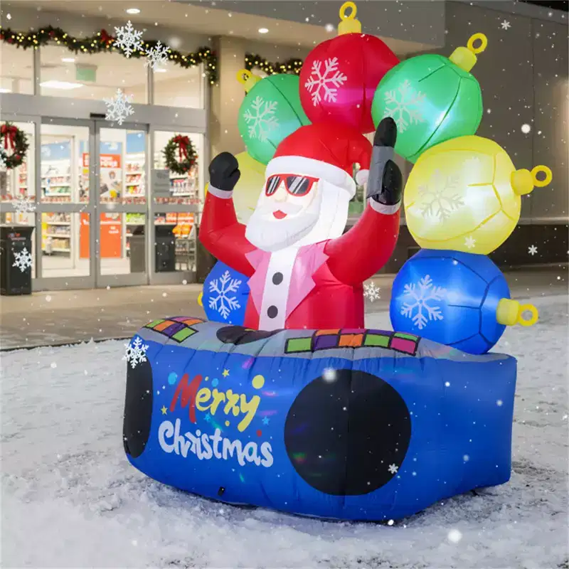 6ft Xmas Inflatable DJ Santa - RGB LED Orbs Music Mute Mode Stakes/Ropes Quick Setup Outdoor Party Decor