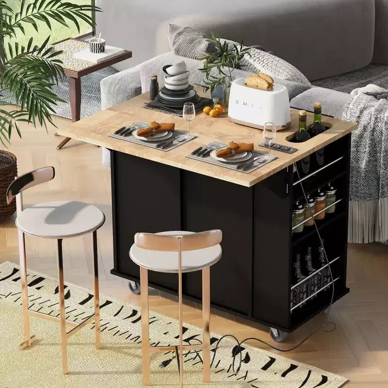 Rolling Kitchen Island with Drop Leaf and Power Outlet