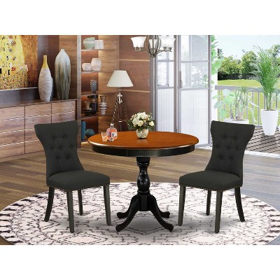 3-Piece Black and Cherry Finish Solid Wood Top - Button Tufted Dining Room Set - Seats-4