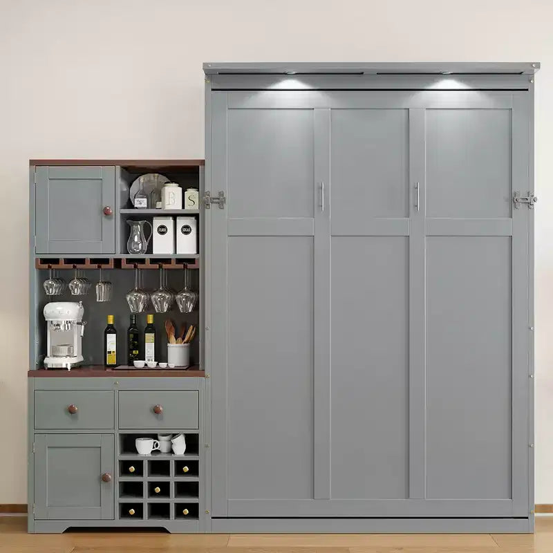 GDF Studio Larson Murphy Bed with Storage Cabinet, Wine Rack, Drawers and Multi-Color LED Strip