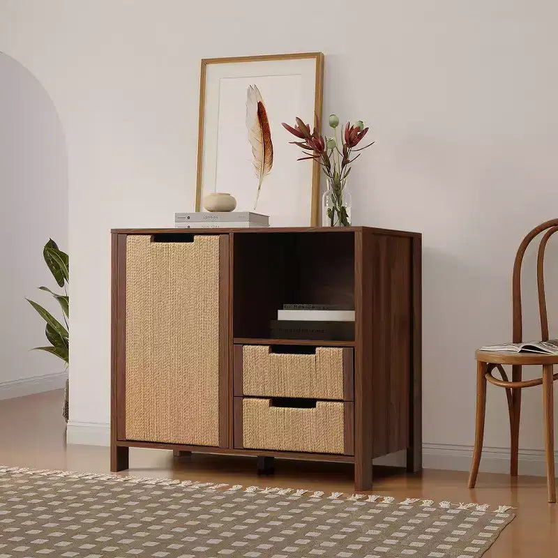 LuxenHome 34 Walnut Buffet Cabinet with Storage, Seagrass Boho Woven Rope 2-Drawer Accent Cabinet with Door Brown