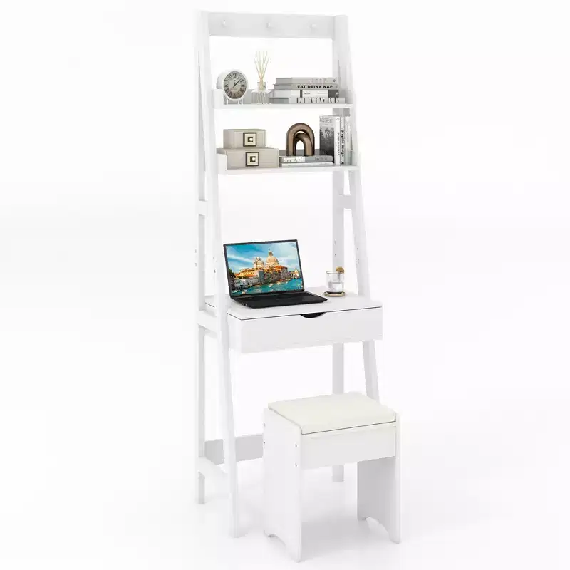 Vanity Desk with Flip-up Mirror and Stool, 3-Color Lighting & 6 Compartments