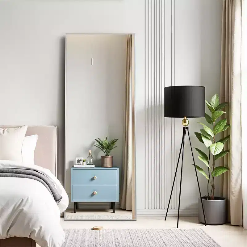 MAYEERTY 64.17x21.26x0.59in Aluminum Thin Edge Right Angle Rectangle Silver Full Length Mirror with Stand