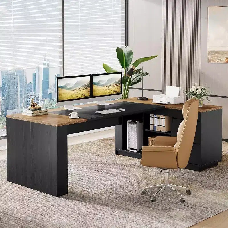78 L-Shaped Executive Desk with Drawers and Cabinet, Home Office Workstation