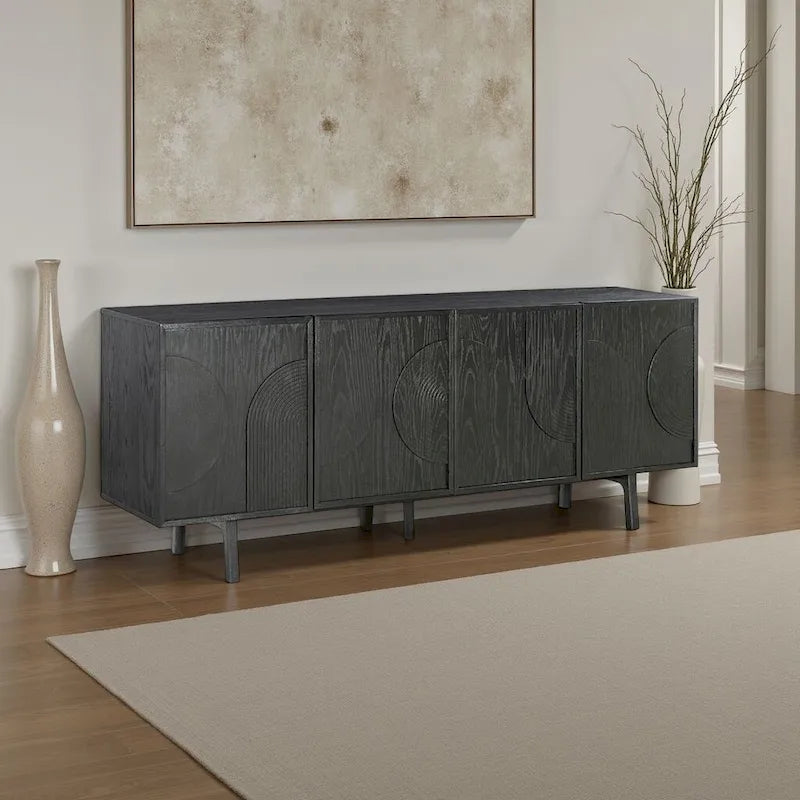 79 in. Serving Cabinet Buffet Sideboard Console with 4 Doors, Black Oak