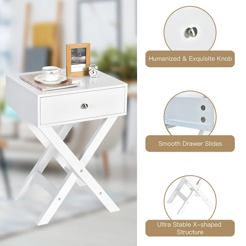 Modern X-Frame Side Table & Nightstand with Drawer