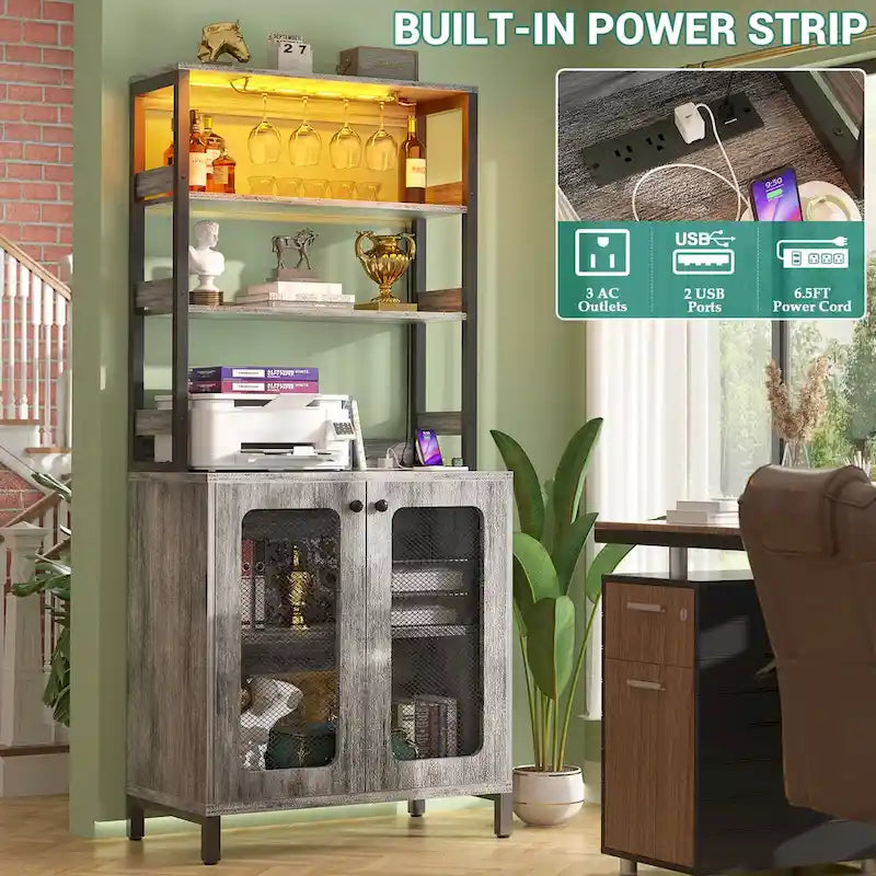 67-Inch Tall Wine Bar Cabinet with LED Lights, Glass Holder and Power Outlets