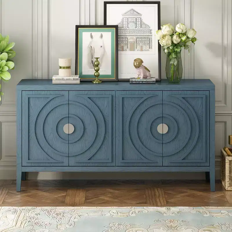 Retro Sideboard with Circular Groove Design, Round Metal Door Handles