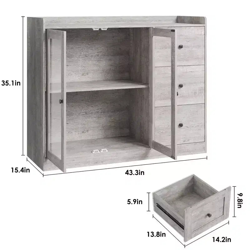 Gray 43 Buffet Sideboard Cabinet & Storage Dresser with Guardrail Design, Adjustable Shelves and 3 Drawers for Kitchen, Dining & Living Room