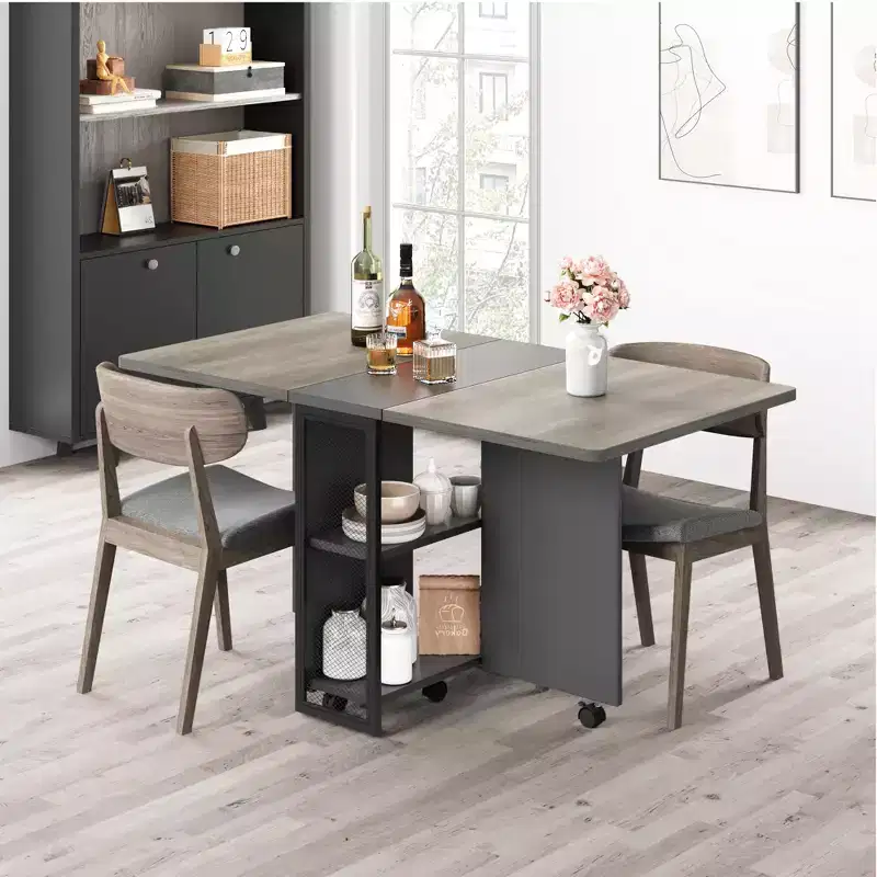 Folding Dining Table on Wheels with Drop Leaf and 2 Shelves