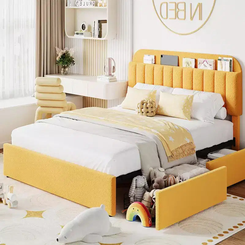 Upholstered Platform Bed with Storage Headboard and 2 Drawers – No Box Spring Needed