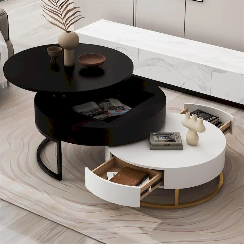Modern Round Lift-Top Nesting Coffee Tables with Storage Drawers