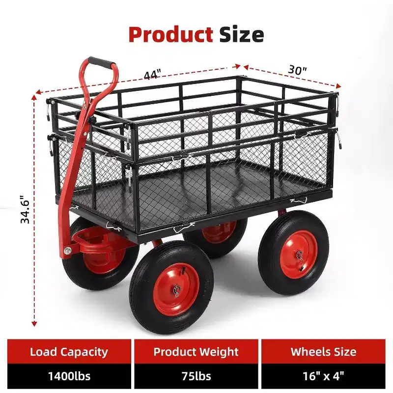 Steel Dump Utility Garden Cart, Metal Garden Cart with 180 Swivel Handle Cart and Removable Sides, for Outdoors, Gardening, Farms