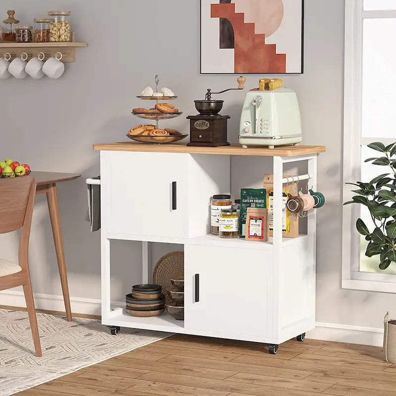 White Rolling Kitchen Island Cart with Wood Top Drawer Cabinet Open Shelf and Hooks