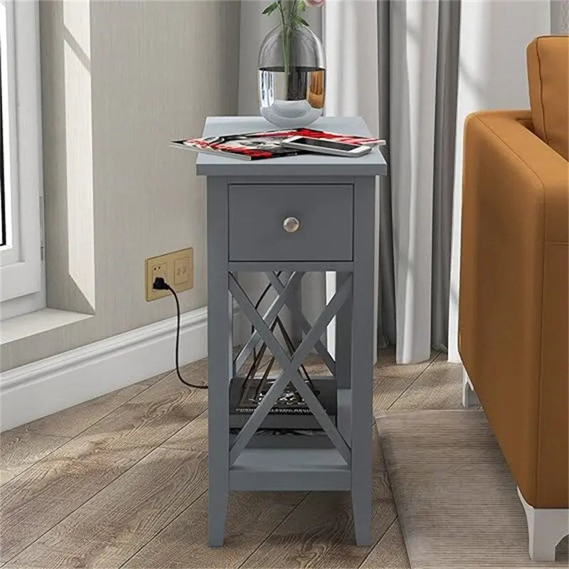Narrow End Table with Flip Top Drawer and Charging Station